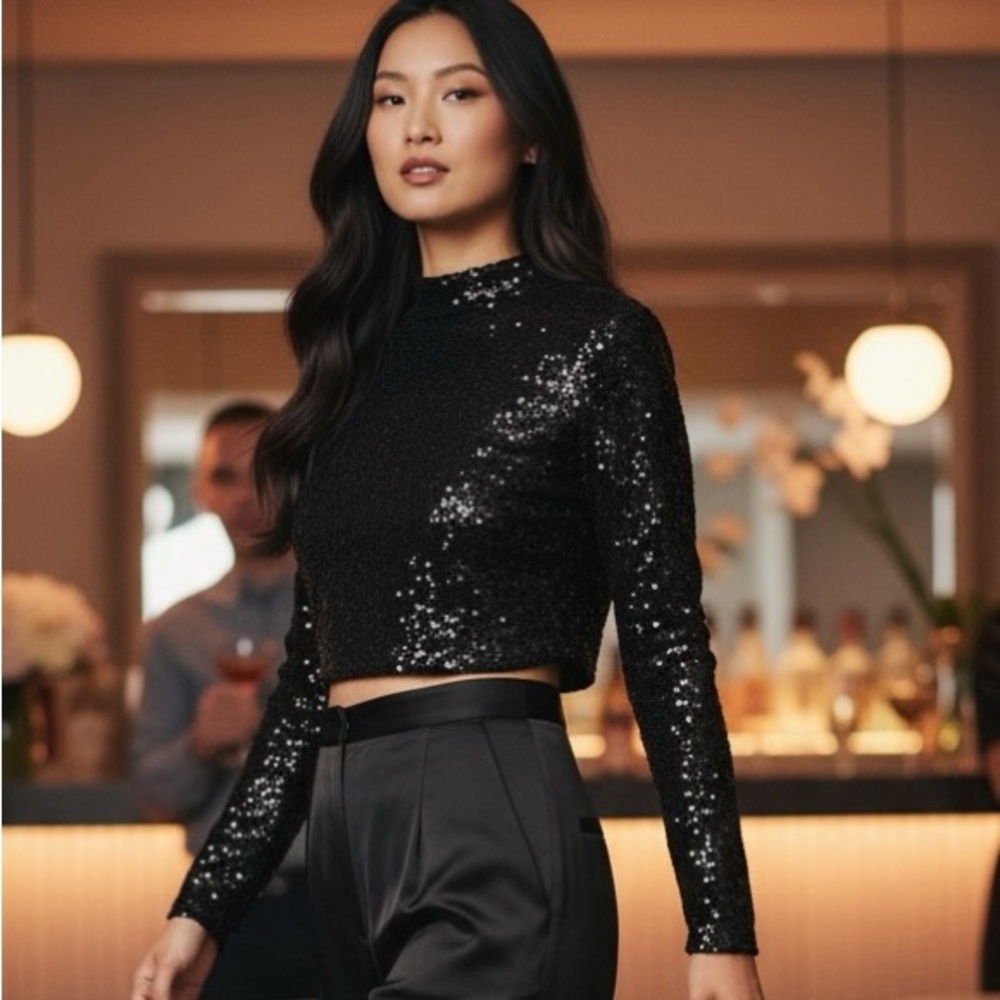 Frame black sequin crop top NWT long sleeve party evening holiday xs